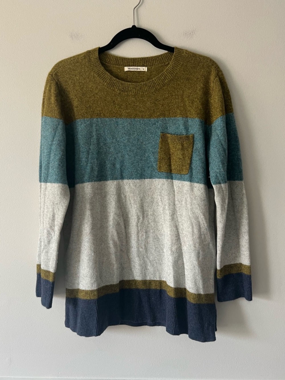 WoolOvers Wool Yak Blend Colorblock Sweater Green Blue Gray Pocket M